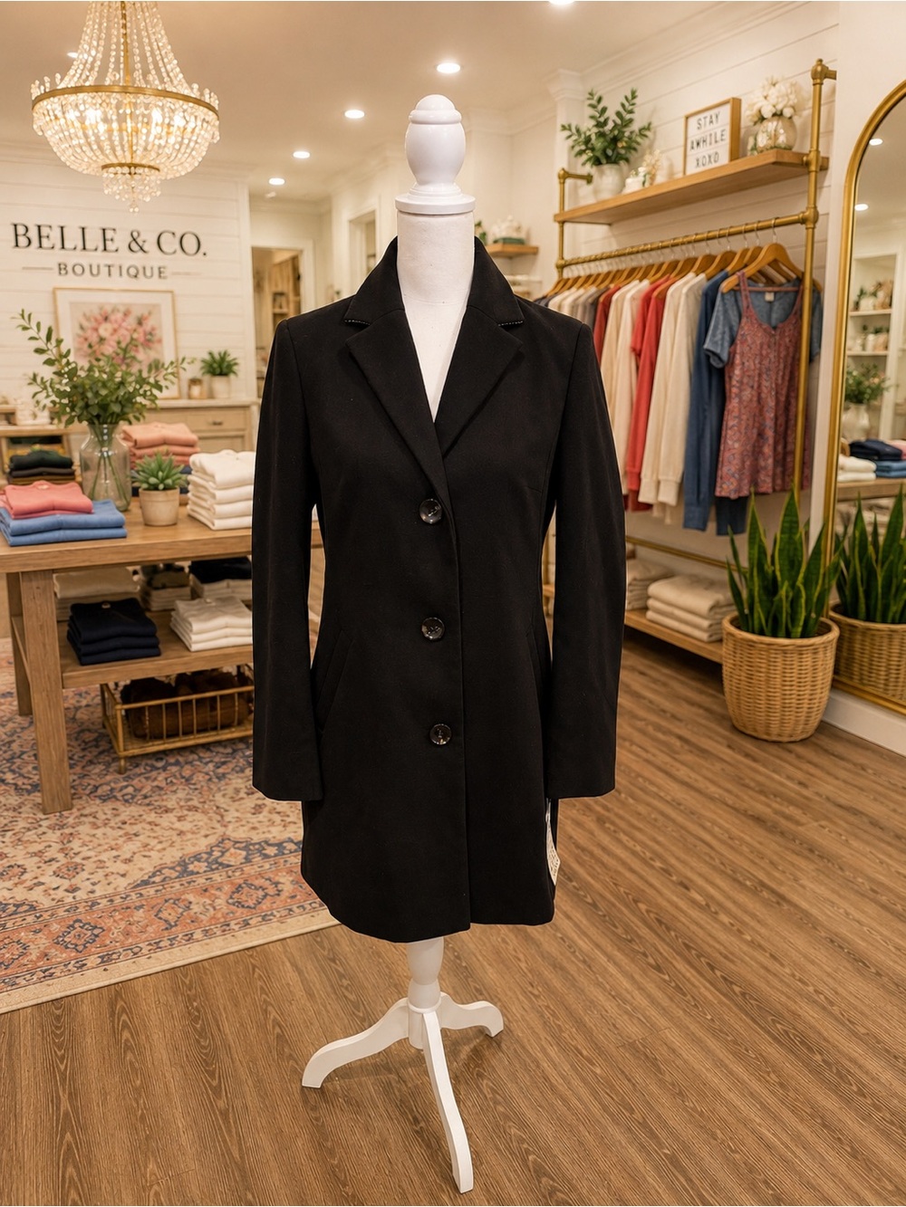 Maralyn & Me Black Faux Wool Peacoat Women’s Large NWT $120 Tweed Collar
